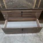 Sophisticated TV Stand with Dark Marble Top, Natural Wood Veneer Panels and Concealed Storage Drawers